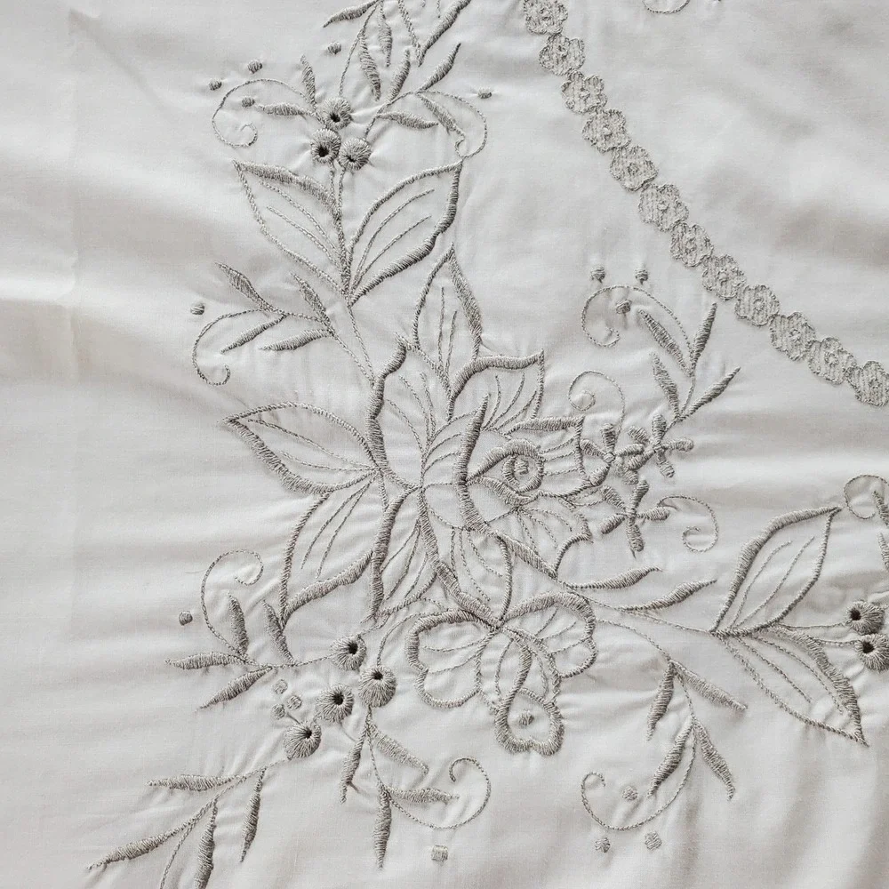 Embroided White Scalloped Edge Cotton Tablecloth Vtg‎ Masjien Embroid 80x84 Vtg